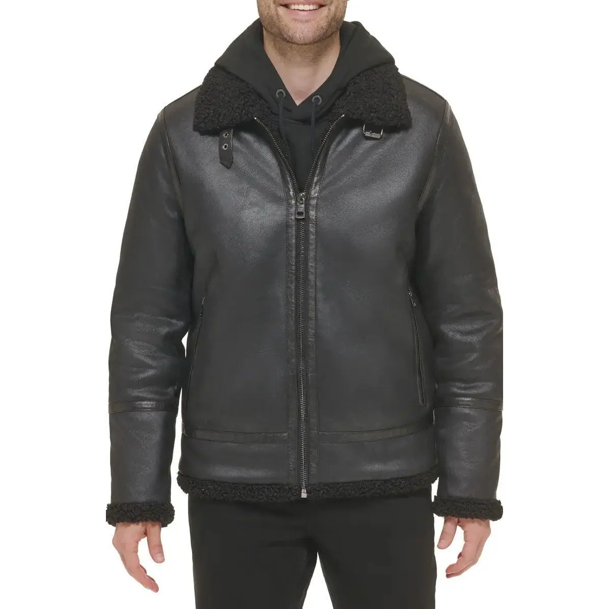 Men's Flight Aviator Leather Black Shearling Jacket