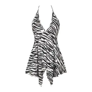 Women's Summer Backless Halter Cami Top, Sexy Zebra Print V Neck Sleeveless Shirt, Handkerchief Hem Beach Tank Top, E-Girl Style Party Streetwear Only includes clothes, not including bags and necklaces Dress Womenswear Polyester Fashion Fabric Casual