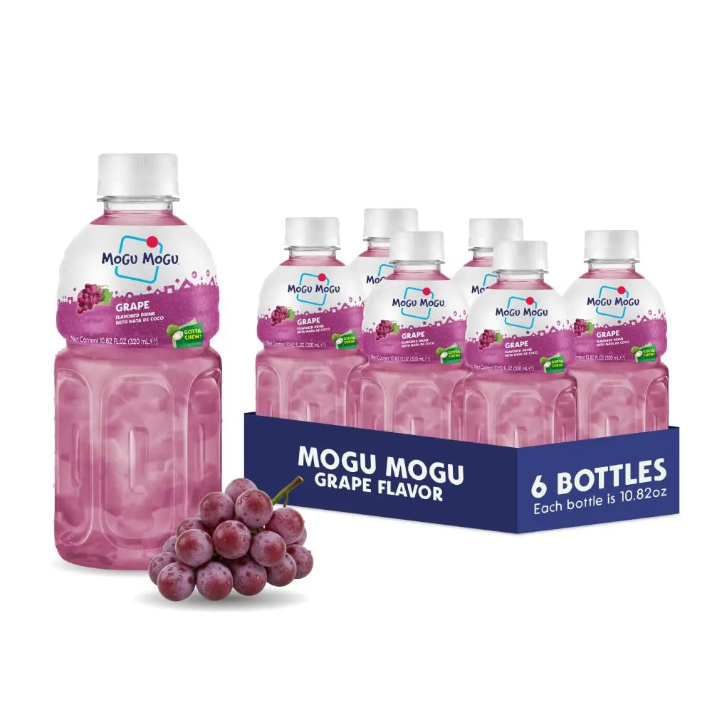 Mogu Mogu Grape Juice Drink with Nata de Coco – Chewy Fruit Beverage, 6 Pack Bottles, 10.82 fl oz Each, Refreshing Coconut Jelly Drink