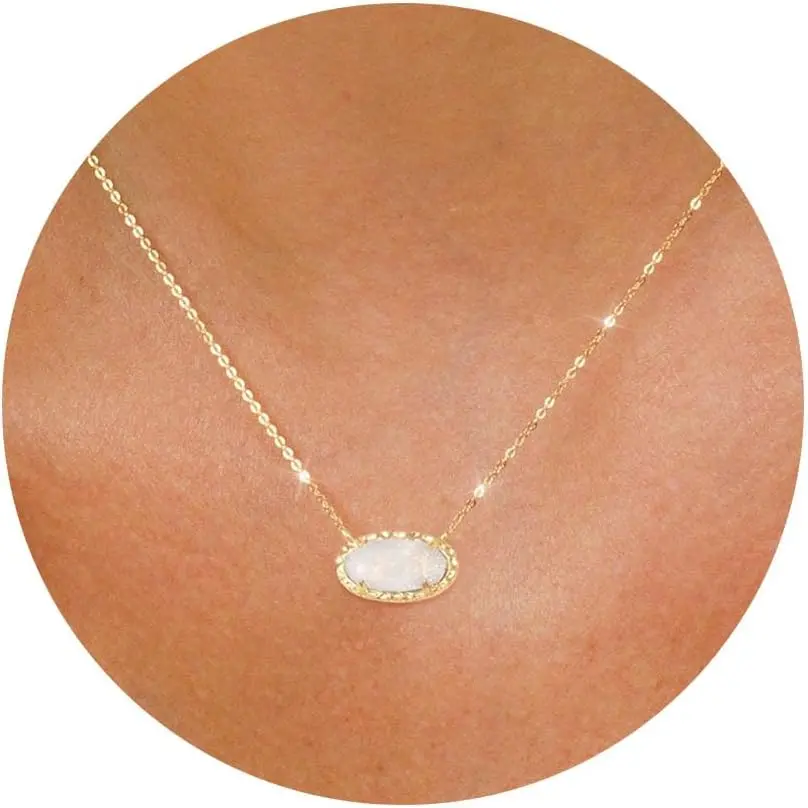 14K Gold Plated Necklace for Women Rose Quartz Druzy Oval Pendant Non Tarnish Dainty Choker Everyday Jewelry Gift for Her