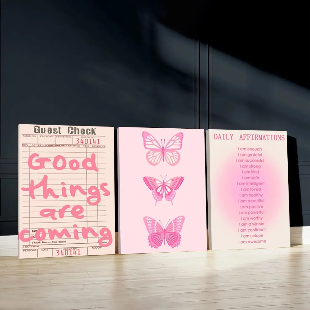 3pcs Positive Vibes Wall Art, Pink Butterflies Poster, Motivational Quotes Art Prints, Wall Decor Pictures, Home Decor, Dopamine Decor, Modern Wall Paintings, Canvas Posters Wall Arts, Decor for Living Room, Bedroom, Housewarming Gift, With Frame