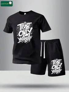 Men’s summer regular-fit cotton short-sleeve T-shirt and shorts set featuring a “Only Believe In Yourself” letter print. Fashionable and casual for going out, it includes pockets and an elastic waistband drawstring design. Suitable for running, golf, fish