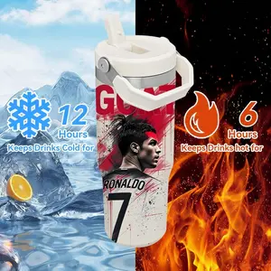 Football Star C-Cristiano R-Ronaldo Vacuum Flasks 30oz Stainless Steel Flip Straw Tumbler with Handle | Leakproof Twist Lid | Double Wall Vacuum Insulated BPA-Free Reusable Cup Portable for Gym, Work & Travel