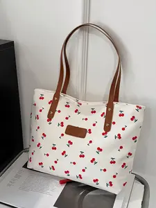 Fashion Cherry Print Tote Bag, Multifunctional Large Capacity Handbag, Shoulder Strap, Suitable for Work and Casual Outings, Casual Commuter Bag, Casual Shopping Bag, Trendy Tote Bag
