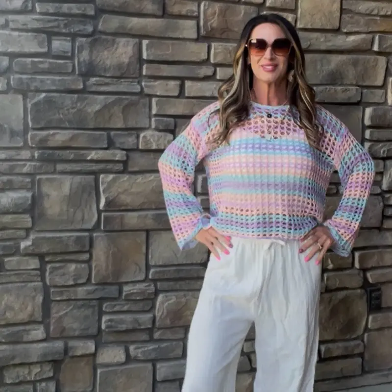 Women's Pastel Crochet Sweater, Soft Knit Pullover for Casual Wear