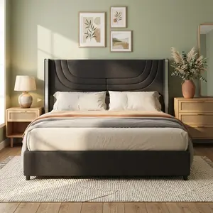 Upholstered Platform Bed Frame with Patterned Wingback Headboard and Metal Accents, Modern Bed Frame with USB LED Light Strip, Wooden Slat Support No Box Spring Needed, Easy Assembly, Available in Twin Full Queen Size