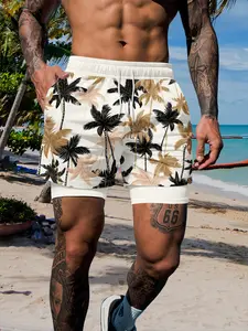 Men's Gold Palm Tree Full Print Beach Shorts, Dual Layer Quick-Dry Casual Shorts, Summer Swim Trunks, Summer Vacation Seaside Essential