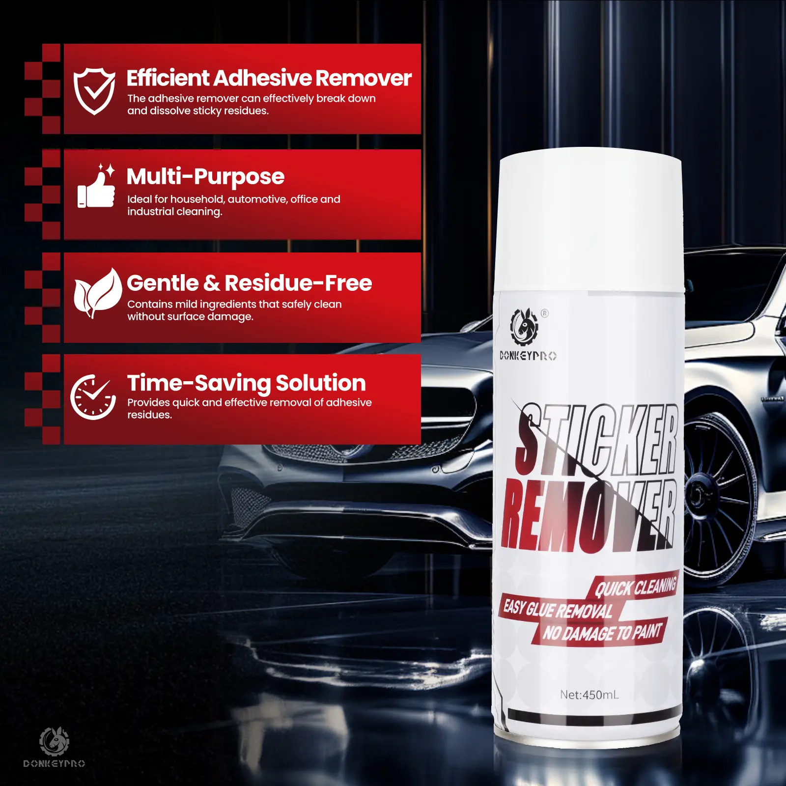 DONKEYPRO Car Interior Car Cleaning Spray Glass Adhesive Remover Spray Car Detailing Products 15oz  Double-Sided Tape Mark Dry Adhesive Clean Efficient Residue Removal Gentle & Residue-Free