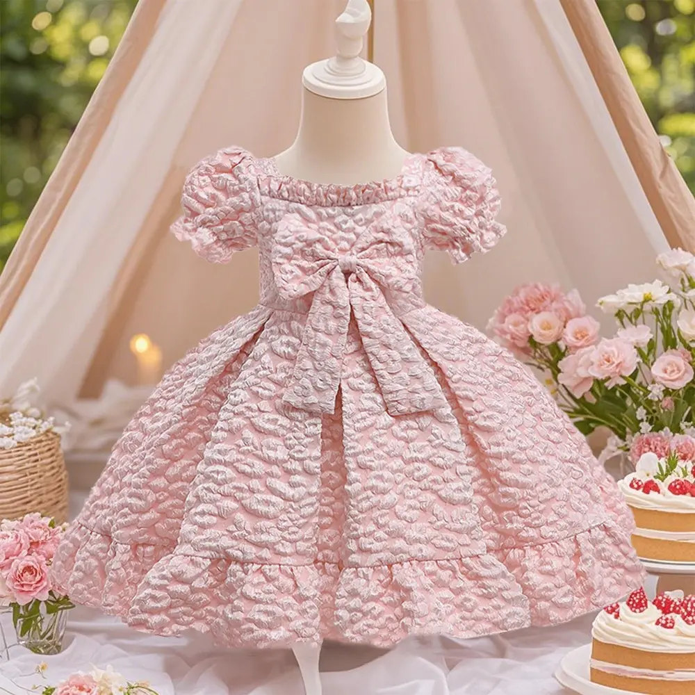 033 Infant and toddler dress with bow puff sleeves embossed princess dress  for baby's birthday and first birthday christening dress - TikTok Shop