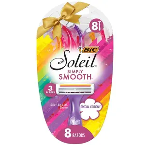 BIC Soleil Simply Smooth Women's Disposable Razors with Lubricating Strip, 3 Blades, 8 Piece Razor Gift Set - Pack, Handle