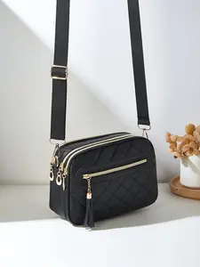 Fashion Diamond Stitched Solid Color Square Bag with Fringe Zipper Crossbody Bag, Adjustable Shoulder Strap, Stylish and Versatile, Handbag Shoulder Bag, Handbag Shoulder Purse
