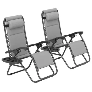 Light gray two piece zero gravity lounge chair set lockable reclining headrest side tray for patio backyard