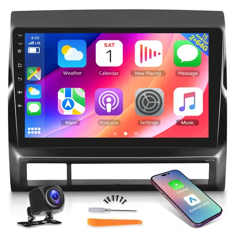 SummerVibes 10.1in Touchscreen Car Video Player for 2005-2013 Tacoma, 4-Core CPU 2G+64G Android 15 Tempered Glass, Wireless CarPlay/Android Auto, 1080p, WiFi, Bluetooth Calling, GPS, AHD Rear View Camera, Auxiliary Input, Plug & Play, EQ Tuning