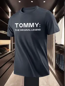 Tommy the Original Legend Letter Print T-Shirt for Men, Casual Short Sleeve, Fitted H-Type, Geometric Pattern, No Zipper or Buttons