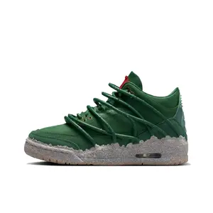 Dark Green Leather Mid-Top Sneakers with Grey Cement-Print Midsole and Red Embroidered Rose Details