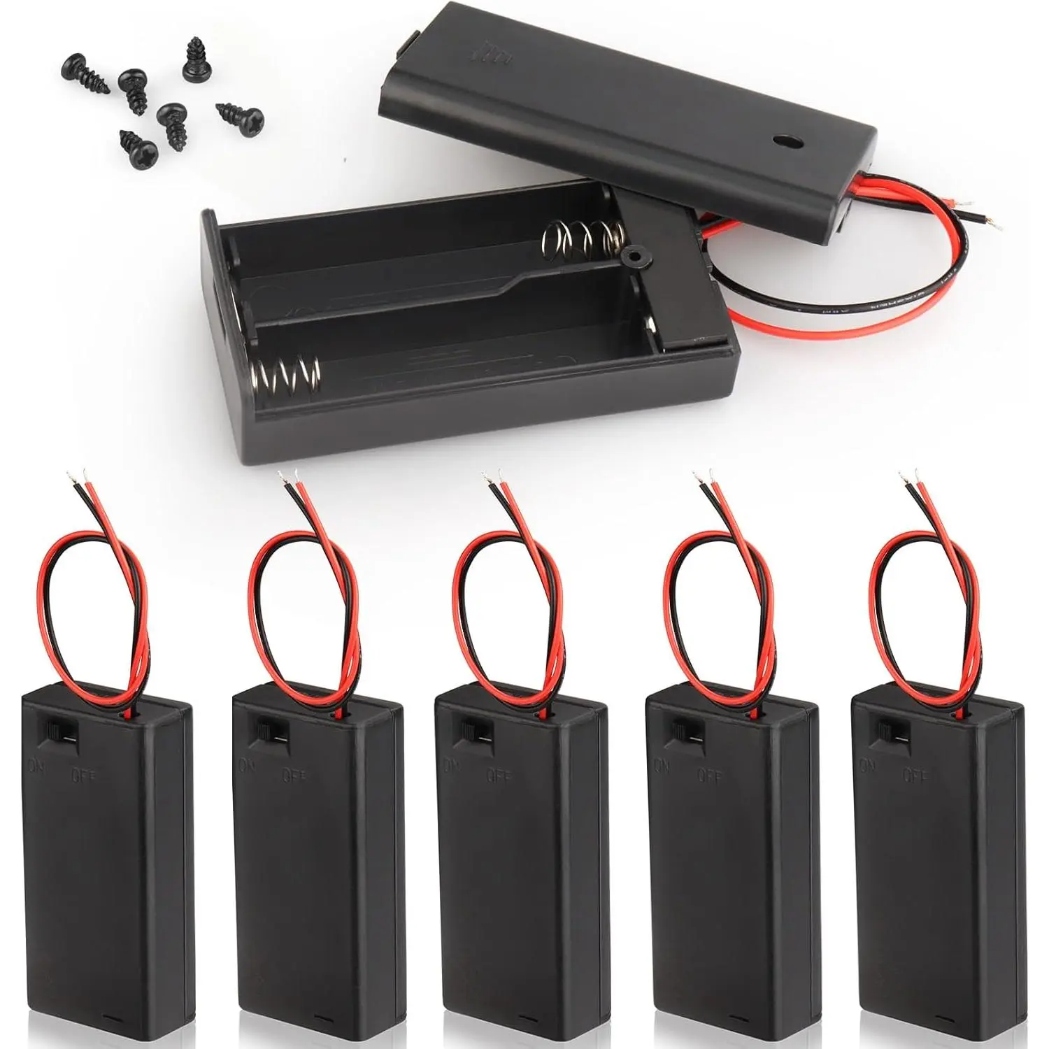 6PCS Plastic ABS Battery Holders, AA Compatible Batteries Accessory for Mobile Devices, 2x1.5V Compatible, with Wire Leads, On/Off Switch, Easy to Install