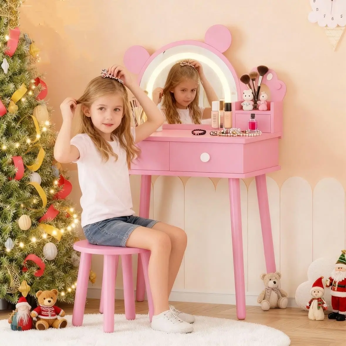 Gaomon Pink Wooden Kids Vanity Set with 3-Colors LED Lights - Bear-Shaped Makeup Desk with Mirror, Flower Seat, 21.65”L x14.96”W x39.76”H, 11.02”L x11.02”W x10.63”H, Compact Storage, Preschool Princess Bedroom Furniture, Birthday Gift Option, Stool