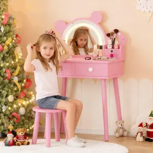 GAOMON Kids Vanity Set with Lights,Bear-Shaped Make Up Vanity Desk with Mirror&Stool,Wooden Princess Toddler Make Up Table Set for Bedroom,Pretend Play Vanity Sets for Little Girls,Pink
