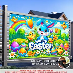 1PC Polyester Reusable 2D Flat Easter Theme Backdrop - Cute Bunny, Easter Eggs, Chicks Design, Party Decor, Birthday Party Photography Background Cloth, Festival Event Banner