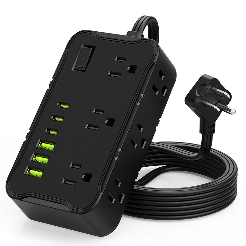 6.5FT/10FT/15FT extension line power board, 1pc 12-in-1 power board/power socket/power strip, 6 AC sockets, maximum power of 1250.W, 10A, 3 USB 3Type-C, suitable for home, office, travel and computer.