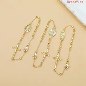 18K Gold Plated Copper Beaded Bracelet Virgin Mary And Cross Design Religious Inspired Jewelry For Daily Wear