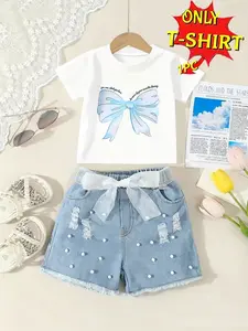 Girls' Single Casual Printed T-Shirt, Graphic Shirt, Bow Print Tee, Cartoon Blue Bow Pattern, Comfortable Fabric, Short Sleeve, Fitted, All Seasons