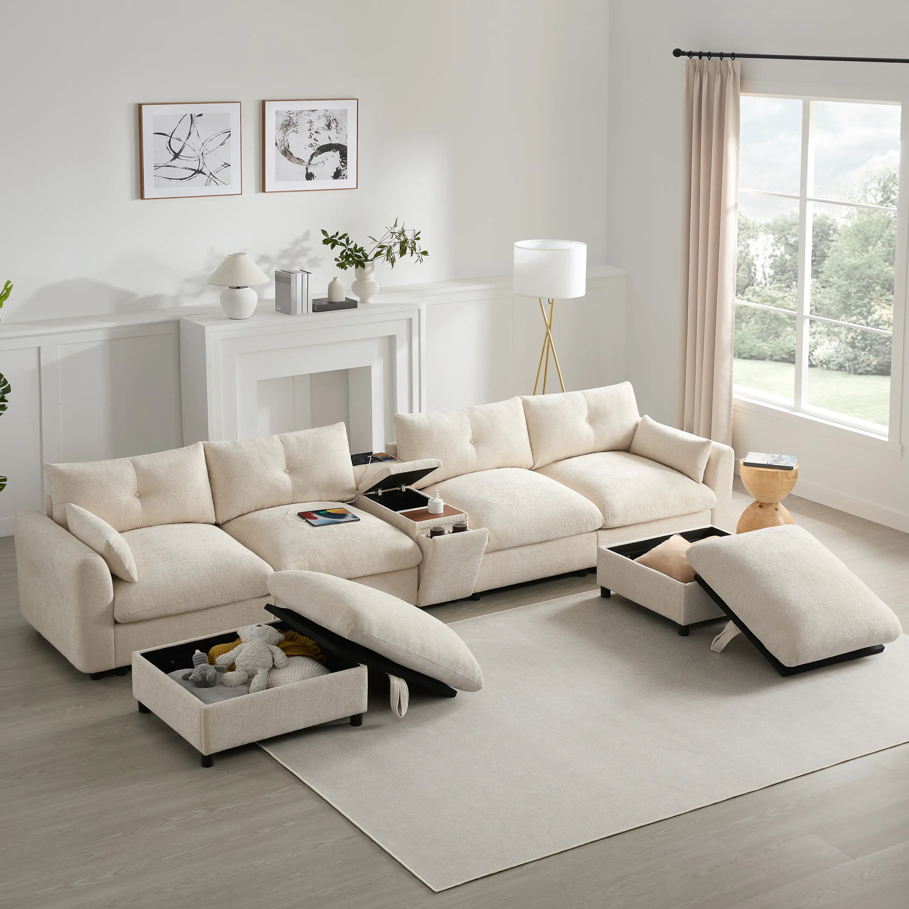 136" U-Shaped Chenille Fluffy Sectional Sofa - Upholstered Soft Couch, Modular Design with Movable Storage Ottoman, Console, Cup Holders, USB Ports, Designer Pull-Button Tufted Backrest, Deep Seat Convertible for Living Room, Chenille Fluffy Sofa