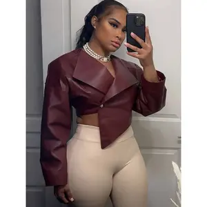 MC Burgundy Faux Leather Jacket Women Asymmetric Lapel Fashion One Button Long Sleeve Slim Cropped Coat 2025 Autumn Outerwear