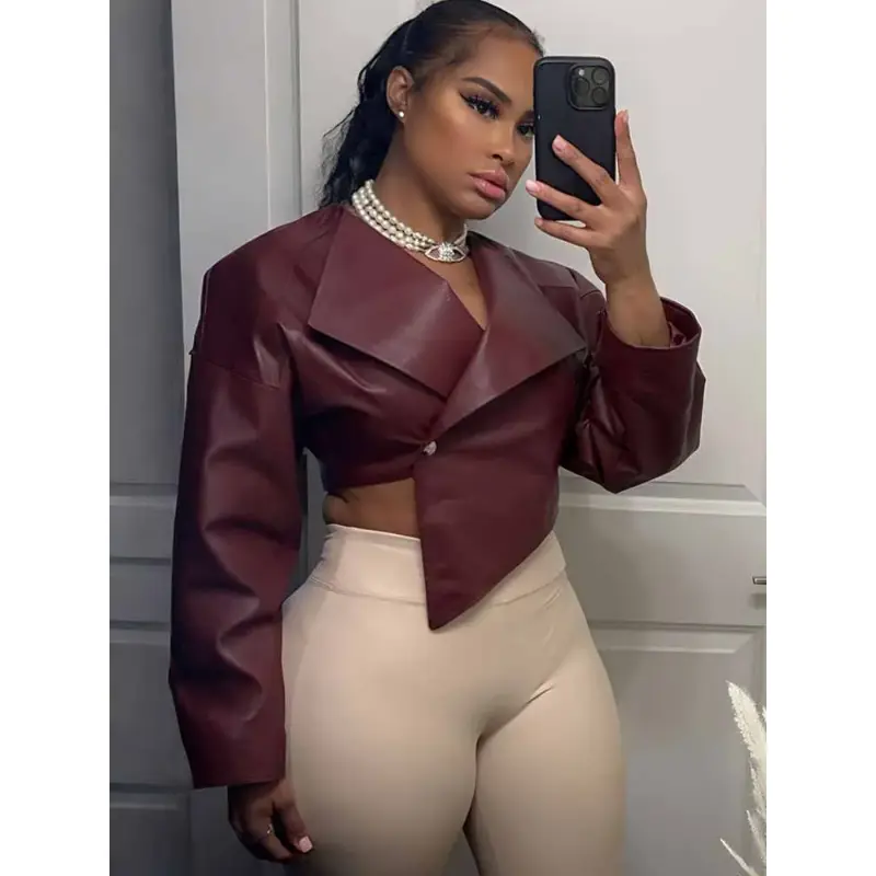 MC Burgundy Faux Leather Jacket Women Asymmetric Lapel Fashion One Button Long Sleeve Slim Cropped Coat 2025 Autumn Outerwear