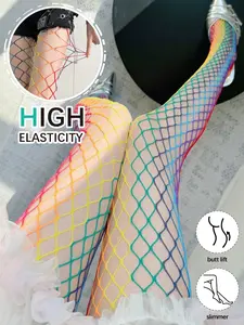 Y2K Boho Mesh Stockings, Rainbow Color Grid Patchwork Fishnet Pantyhose, Fitted Style, Women's Fashion Accessories
