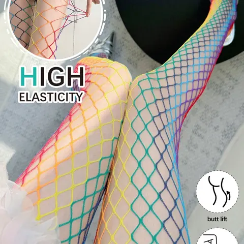 Y2K Boho Mesh Stockings, Thigh Highs, Rainbow Color Grid Patchwork Fishnet Pantyhose, Tights, Fitted Style, Women's Fashion Accessories, Clothing