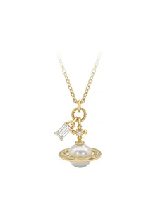 Luxem 3D Planet Saturn Pearl Cubic Zirconia Necklace Sparkling Elegant Jewelry Gift for Women Fashion Pendant Necklace