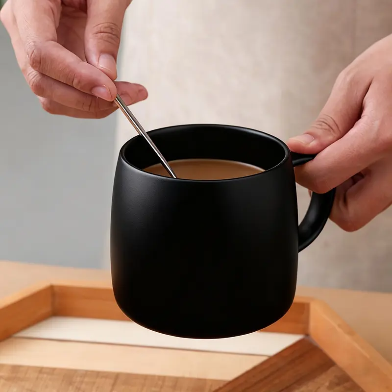 Trendy Minimalist Design Ceramic Coffee Mugs Set of 2, 16 oz Large Coffee Cup, Tea Mug with Handle, Flat Bottom Mug for Men, Women, Office, Microwave and Dishwasher Safe, Black, Stylish Drinkware