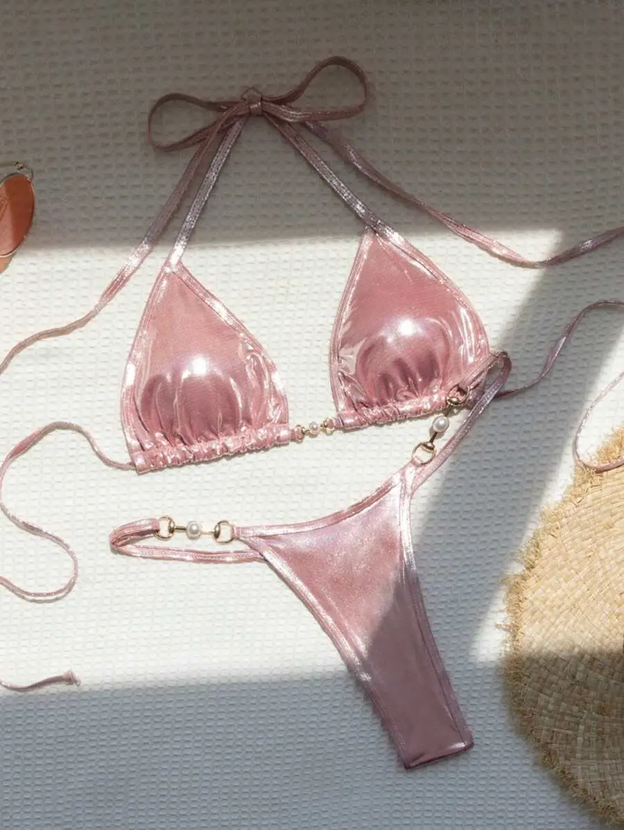 BELLORA Summer Beach Metallic Chain Linked Halter Triangle Bikini Set