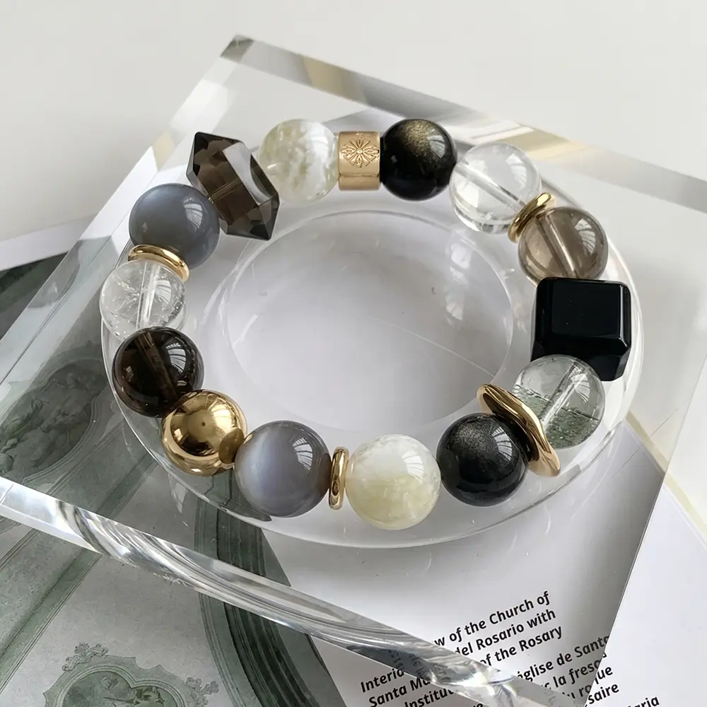 Eclipse Crystal Energy Bracelet - Natural Black Obsidian, Smoky Quartz, Phantom Quartz, Grey Moonstone Beaded Stretch Bracelet for Spiritual Adults, Promotes Balance, Grounding, Strength