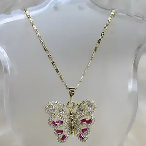 14k Butterfly Pendant Necklace with Gold Finish, Hypoallergenic Chain, 21.5 Inch Length, 3-Layer Protection