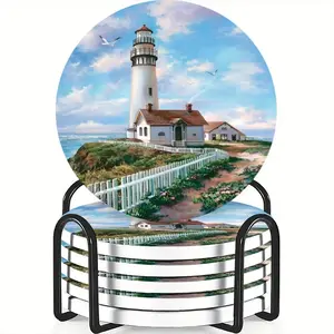 6-Piece Coaster Set Lighthouse & Seagull Design Ceramic Non-Slip Heat Resistant Coffee Drink Home Decor Ideal Gift Birthday Festival