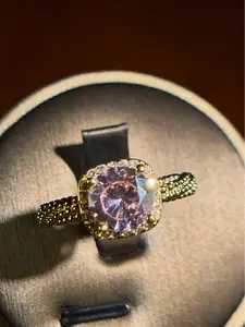 *LAVENDER REVERIE*    Item#00000029 European 14K Gold Plated Halo Four-Prong Setting Round-Cut Large Pink Cubic Zirconia Adjustable Fashion Ring (Center Stone 2 Carat, Ring Size 7.5 and Up)