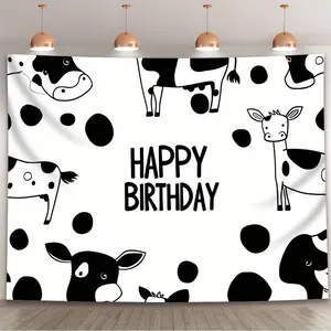 1pc Black & White Cow Print Happy Birthday Backdrop Banner - Polyester, Easy to Use for Indoor/Outdoor Parties, Home Decor, Anniversaries, Weddings & More - Perfect for Living Room, Bedroom, Office & Studio Walls, Cow Decor Ornaments