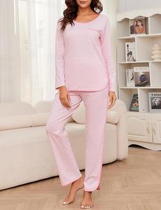 Becotal Womens Cotton Pajama Sets 2 Piece Lounge Set Stripe Long Sleeve Comfy Pj Set Fall Loungewear Sleepwear with Pockets Fabric Fit Women's Waffle Casual Loose