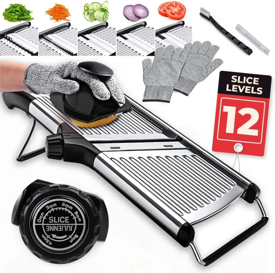 Adjustable Mandoline Food Slicer with Stainless Steel Blade - Adjustable Slicer for Home Kitchen Use, Multiple Slice Levels, Potato/Vegetable/Fruit Cutter, Includes 1 Pair Cut-Resistant Gloves