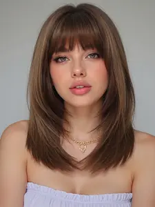 18 Inch Fashionable New Medium Long Straight Brown Layered Wigs with Bangs and Dark Roots, Synthetic Material Wigs, Synthetic Women's Wigs for Ordinary Work, Life, Dance Parties and All Occasions