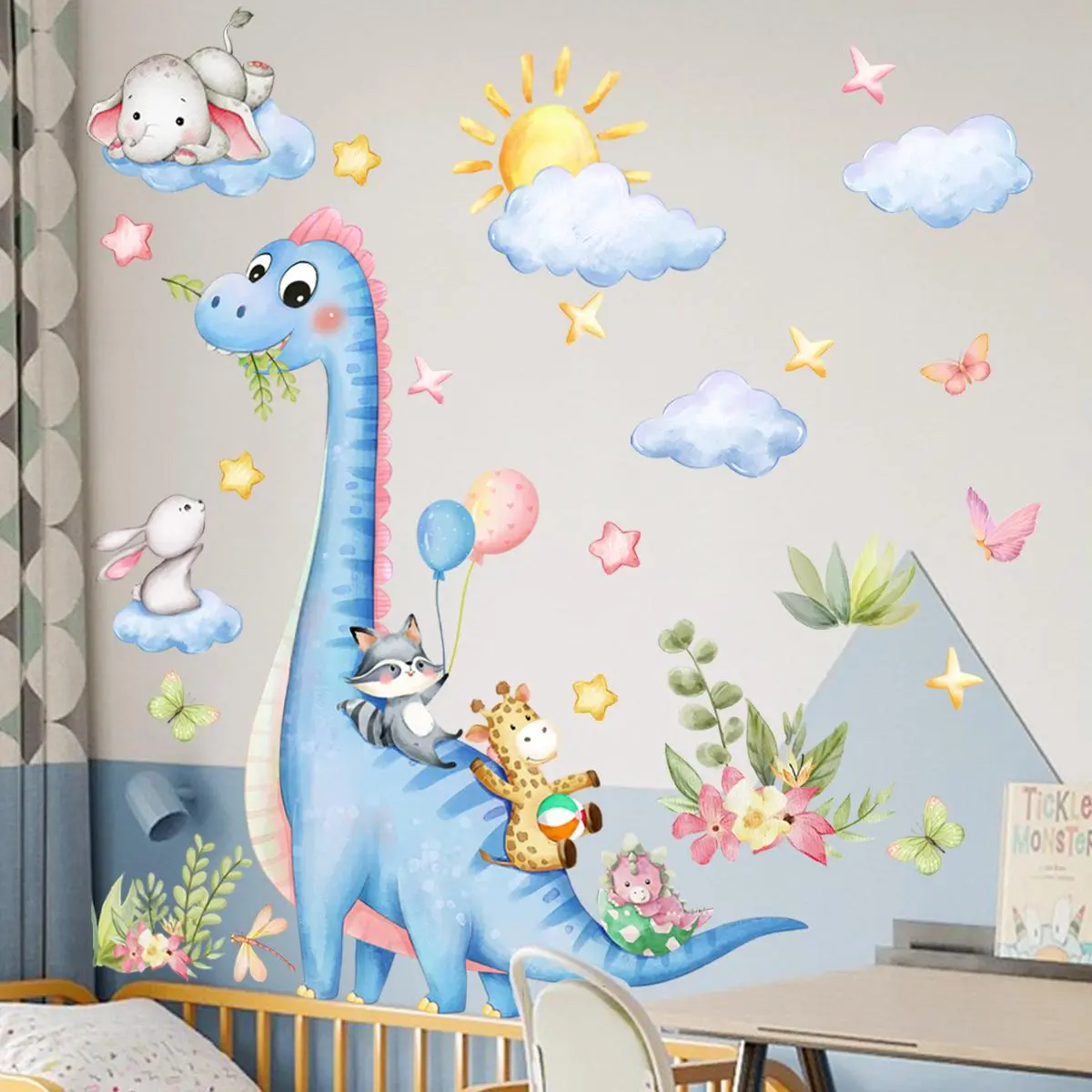Cartoon Dinosaur Pattern Cloud Shaped Design Wall Sticker, Dinosaur Wall Decals, 6 Counts/set Self Adhesive Wall Decal, Wall Art Decorative Sticker for Home Bedroom Living Room, Ornaments, Sticker Packs, Wall Stickers Decor