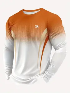 Men's Long Sleeve Sports Shirt, Breathable Fabric, Gradient Colors, Casual Gym Training Top, Athletic Fashion Activewear, Fall & Winter Wear