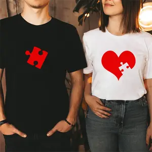 Puzzle Red Heart Print Couple T Shirt Lovers Short Sleeve O Neck Loose Tshirt Fashion Woman Man Tee Shirt Tops Clothes