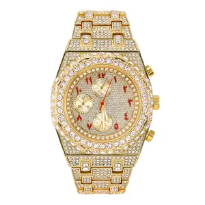 MaxBling81 Men's Gold Plated Stainless Steel Quartz Gold Watch, Red Arabic Numeral Diamond Wrist Watch with Full Iced Simulated Diamond Band for Clubbing, Gold Watches
