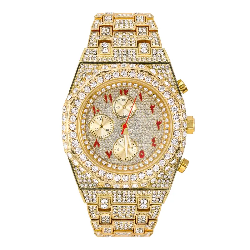 MaxBling81 Men's Gold Plated Stainless Steel Quartz Gold Watch, Red Arabic Numeral Diamond Wrist Watch with Full Iced Simulated Diamond Band for Clubbing, Gold Watches