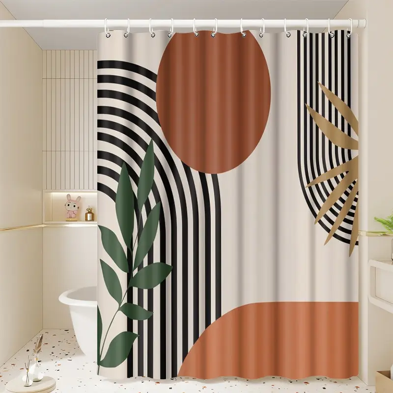 1pc Geometric Leaf Golden Shower Curtain, Abstract Modern Bathroom Decoration Accessories, Tranquil Nature-Inspired Design, 70.9x70.9in Hanging Curtain with Hooks, Ideal Gift for Housewarming or Seasonal Celebrations