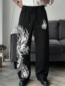 Virus Y2K Dragon Print Wide Leg Sports Pants, Street Style Long Pants, Casual Pants with Drawstring and Pockets, Gothic Harajuku Fashion, Loose Sports Pants