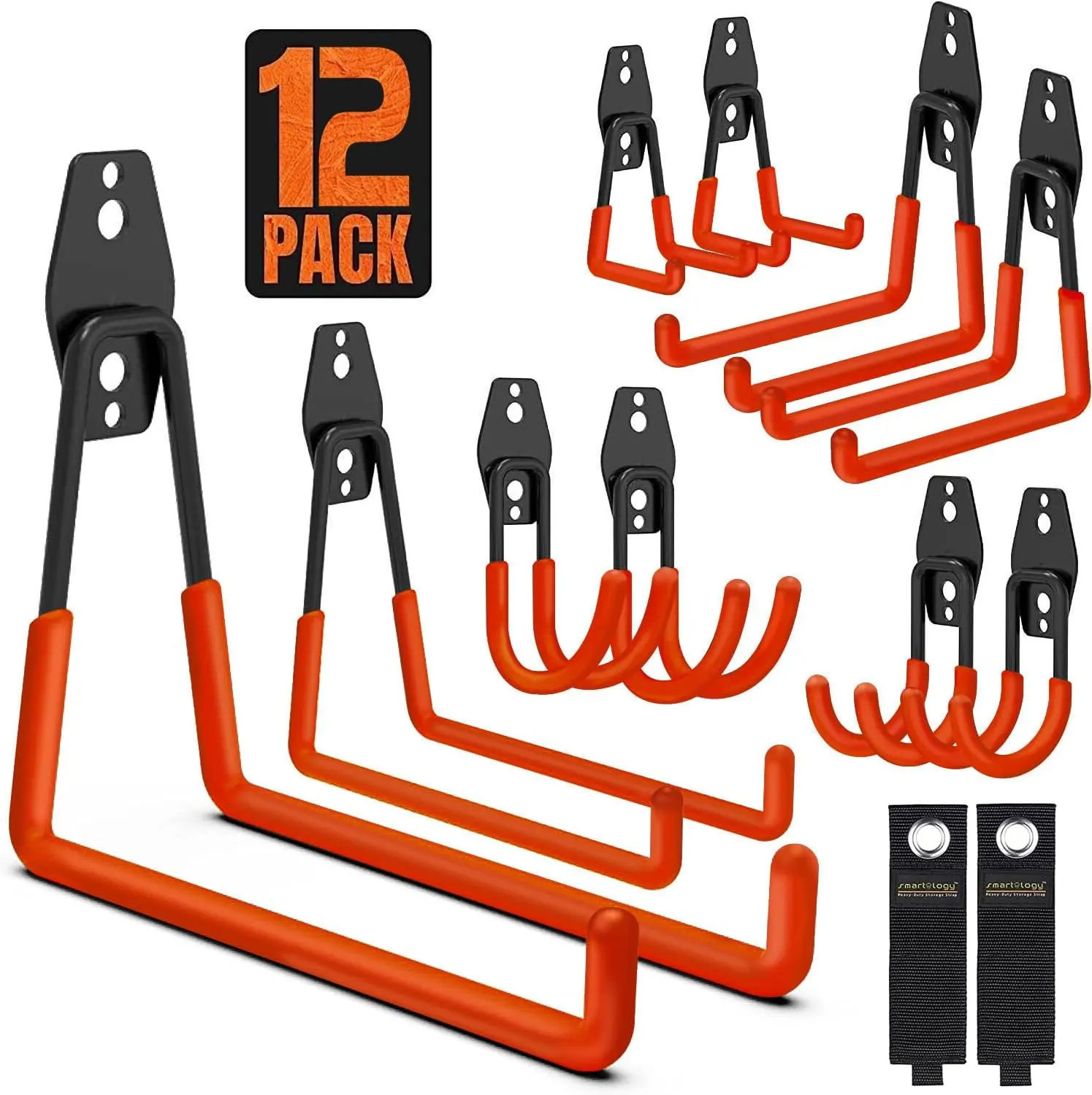 12 Pack Garage Storage Hooks, Heavy Duty Wall Mount Tool Hangers with Extension Cord Straps for Ladder Bike Lawn Garden Tools Organization